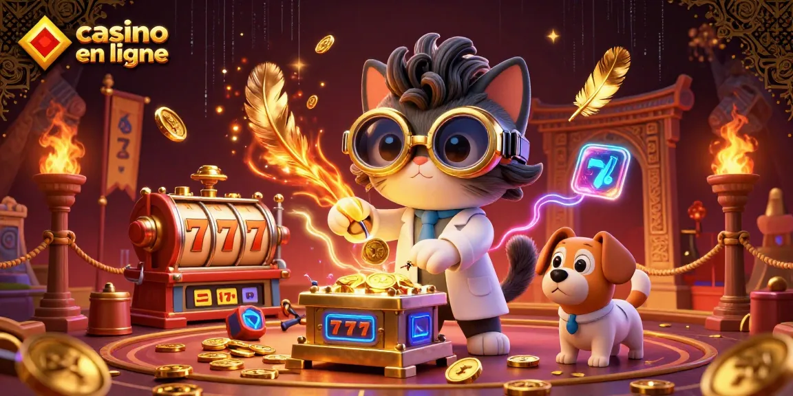 Illustration dynamique de casino en ligne avec un chat scientifique fou et un chien assistant, entouré de jetons en or.