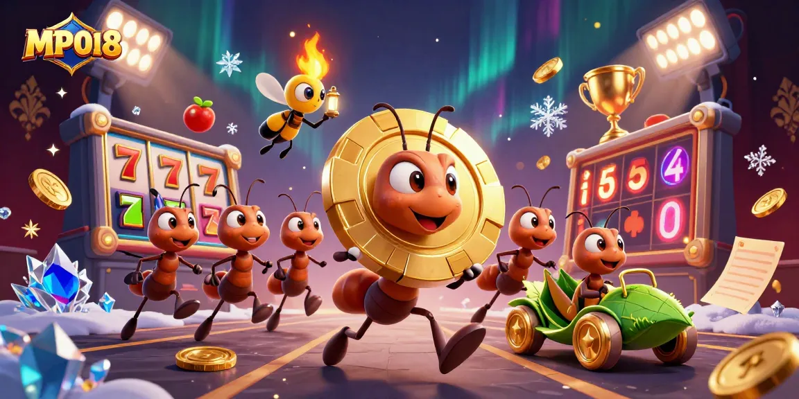 MPO08 showcases ants heisting a giant poker chip amidst vibrant gaming elements in a thrilling scene.