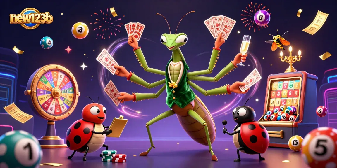 Experience excitement at new123b with a lively cartoon scene depicting a casino setting filled with colorful games.