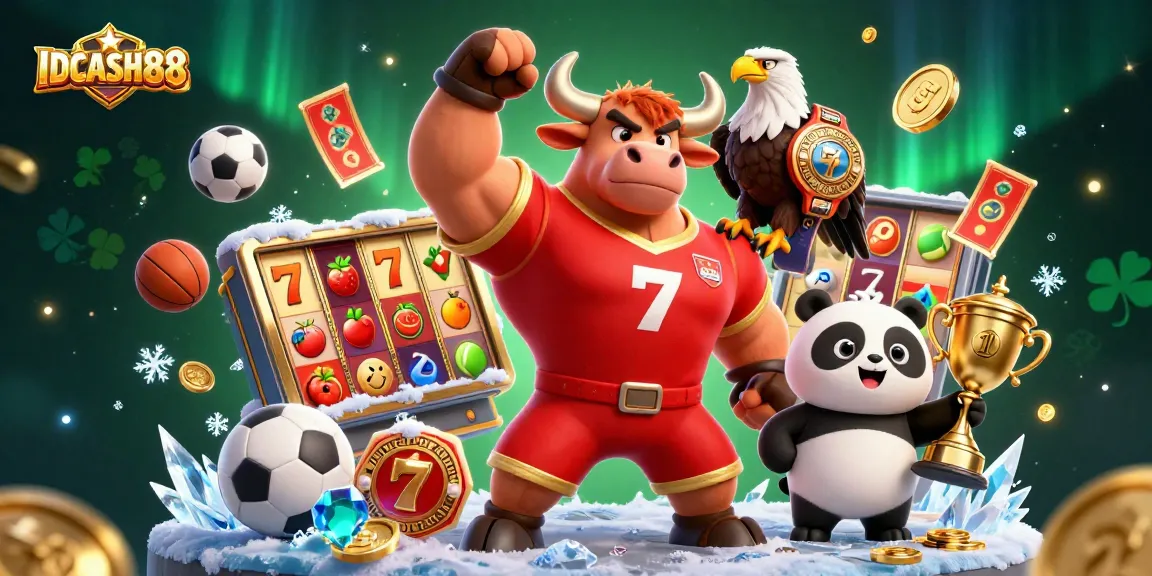 Experience IDCASH88 with an animated bull, eagle, and panda celebrating wins in a vibrant slot game scene.