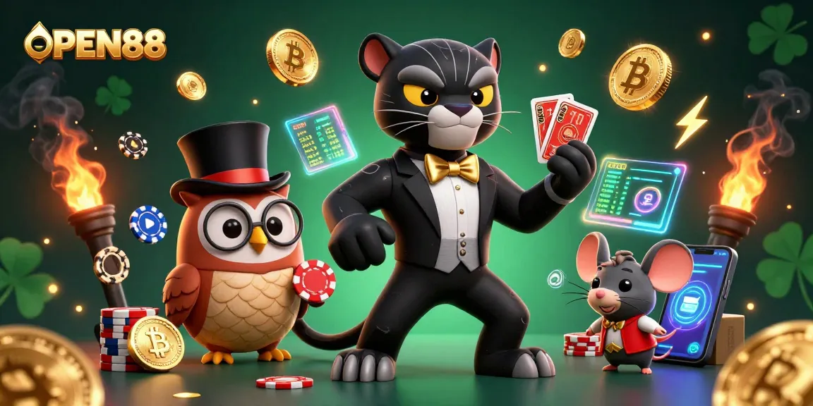 Experience the excitement of OPEN88 with vibrant characters in a dynamic casino scene filled with digital coins and rich graphics.