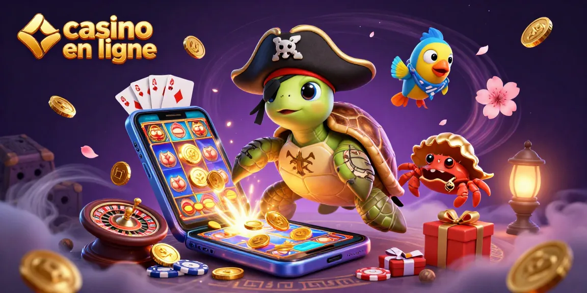 Plongez dans l'univers du casino en ligne avec cette scène colorée de jeux d'argent et de personnages marins.