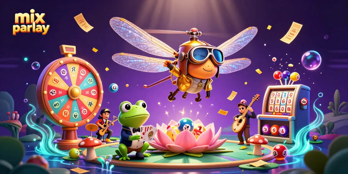 Engage in mix parlay betting as a dragonfly pilot hovers over a vibrant lily pad casino.