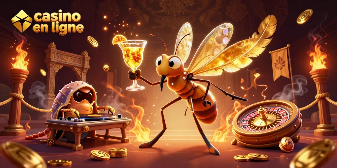 Une illustration dynamique de casino en ligne avec un moustique, un DJ trilobite et une roulette, représentant l'amusement du jeu.