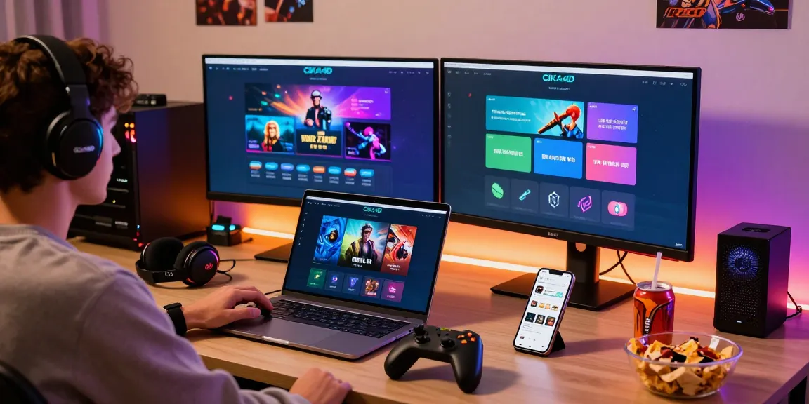 Engaging gaming setup featuring CIKA4D login, dual monitors, and cozy atmosphere.