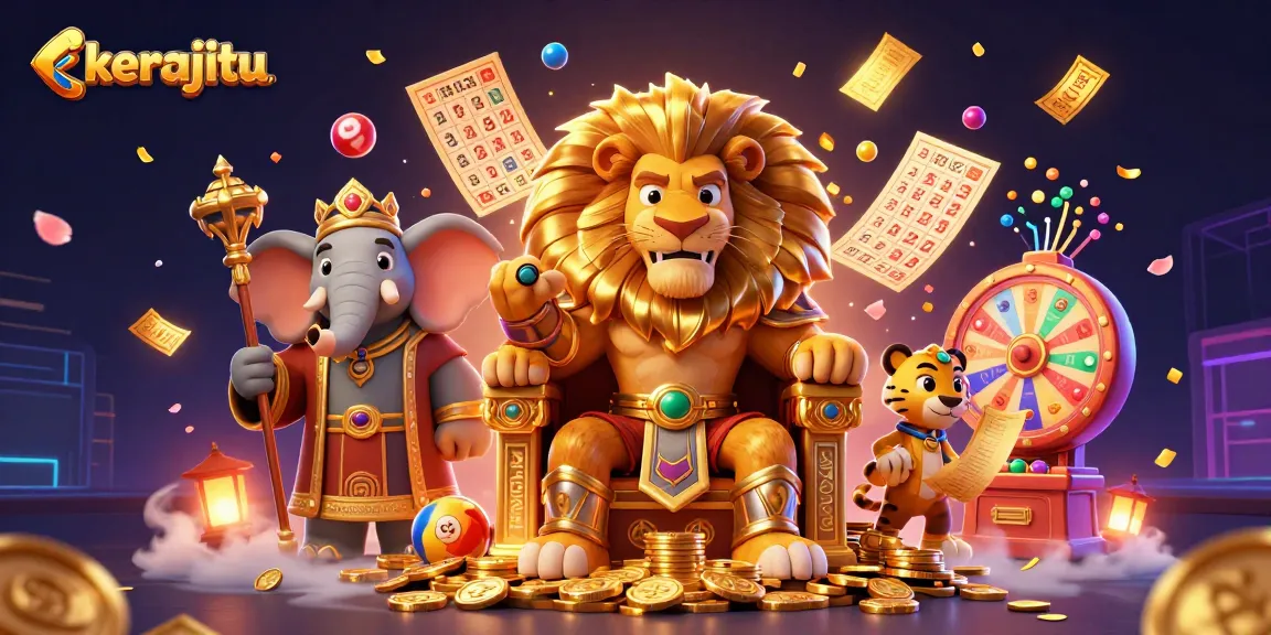 Memenangkan permainan lotere kerajitu dengan keberuntungan, dikelilingi bola lotere berwarna-warni, dan simbol keberuntungan.
