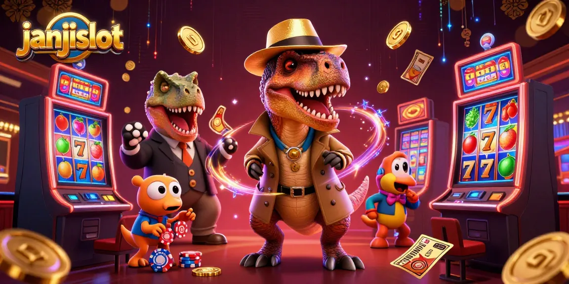 Experience the thrill of janjislot with a 3D velociraptor, stegosaurus, and dynamic slot machine scene.