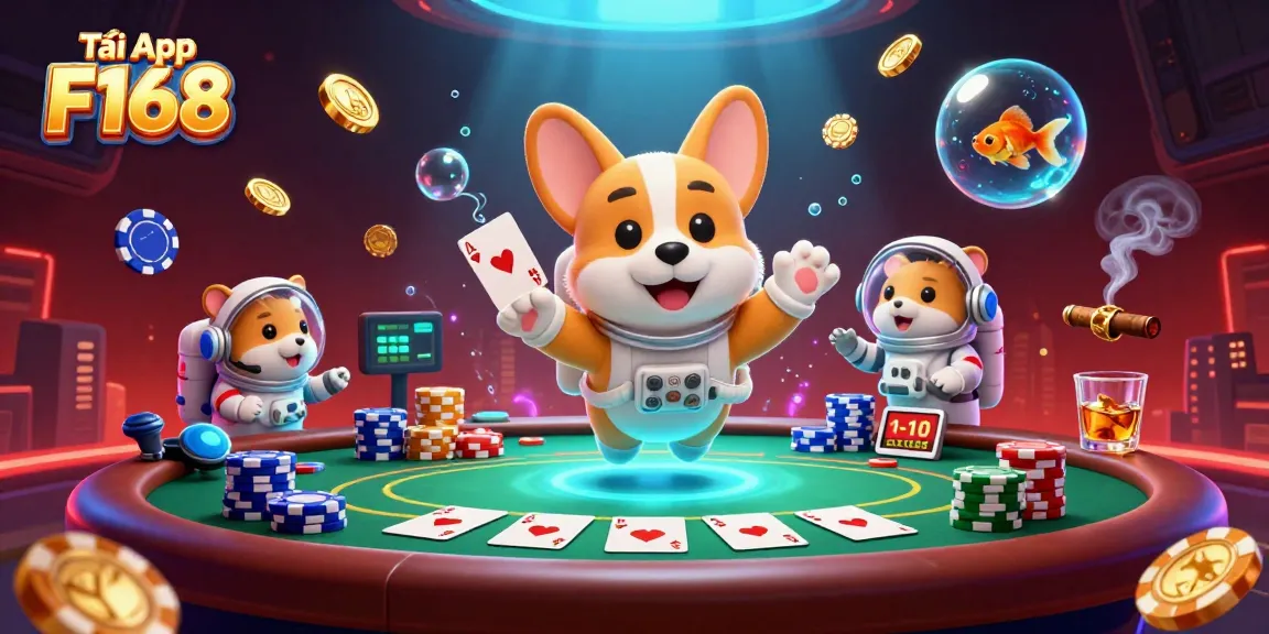 Engage with the exciting world of Tải App F168 featuring a vibrant casino scene with floating poker elements.