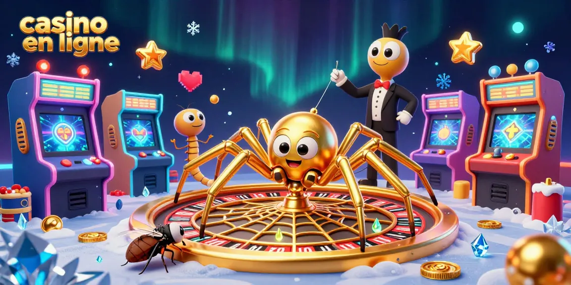 La scène dynamique d'un casino en ligne, avec une araignée dorée et un croupier centipède.