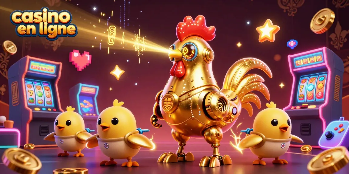 Jouez à casino en ligne avec une illustration de robot doré et des machines à sous colorées.