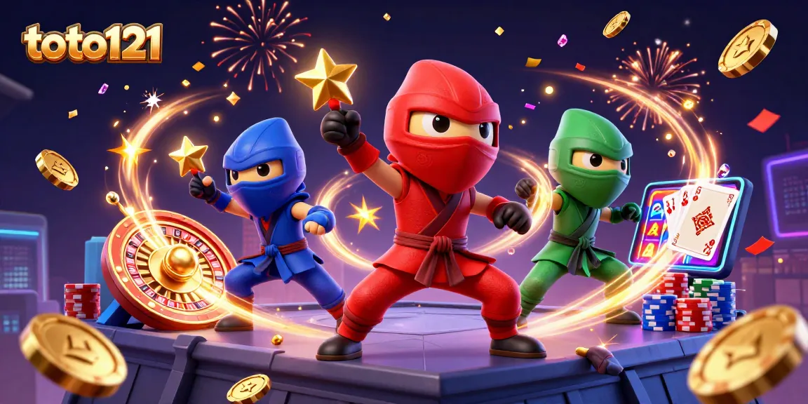 Gambarkan toto121 dengan ninja chameleon melakukan atraksi sambil dikelilingi koin emas dan efek permainan kasino.