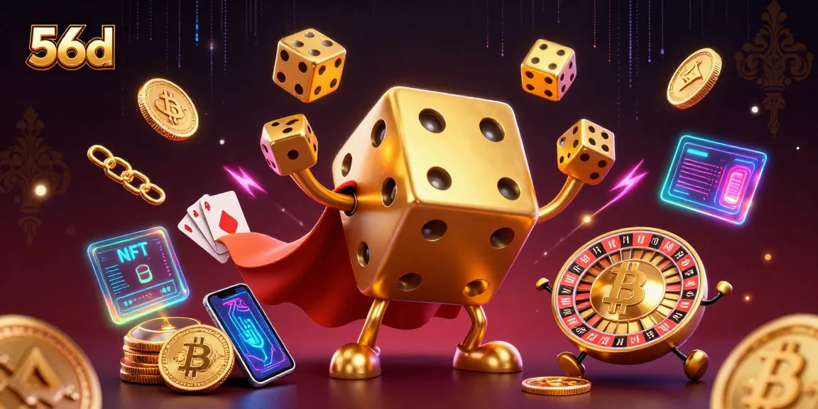 Bet on excitement with 56d's golden dice golem in a vibrant casino illustration featuring crypto elements.