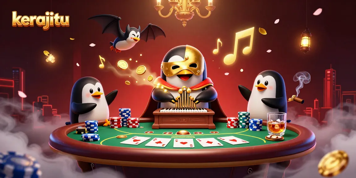 kerajitu showcases a penguin playing an organ that showers golden coins while acrobatic bats add flair.